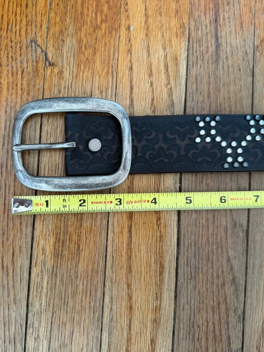 Black Studded Leather Belt with Antique Silver Buckle
