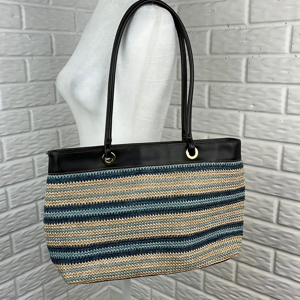 CHARTER CLUB CLASSICS STRIPE WOVEN VEGAN LEATHER ZIP TOP TOTE