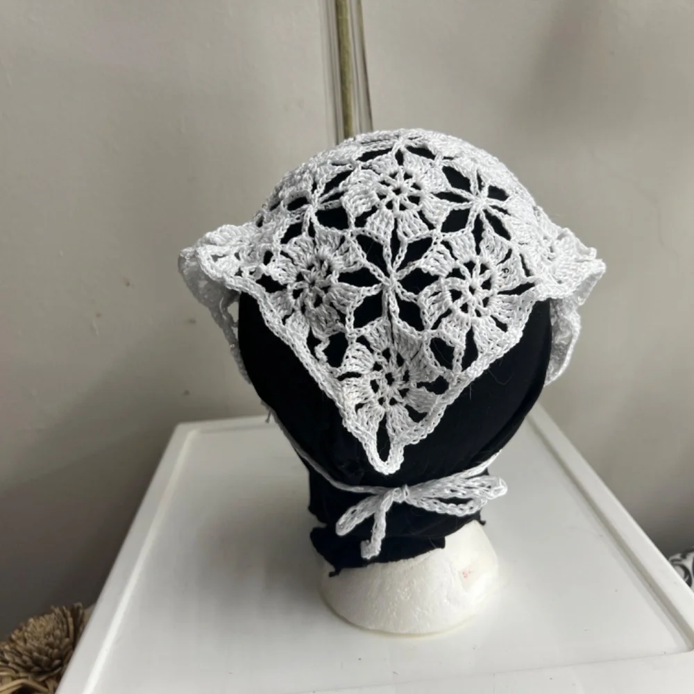 Hand made crochet triangle cotton bandana head scarf white w/silver tiny sequins