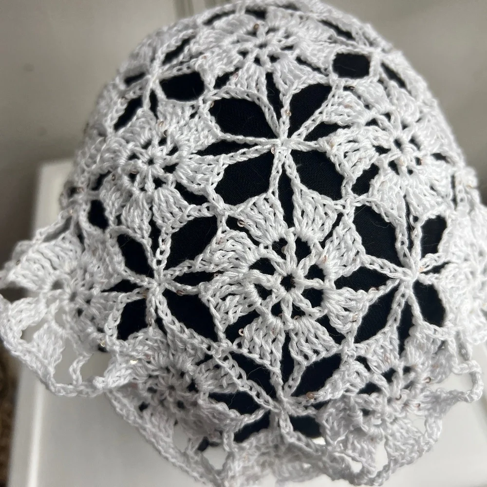 Hand made crochet triangle cotton bandana head scarf white w/silver tiny sequins