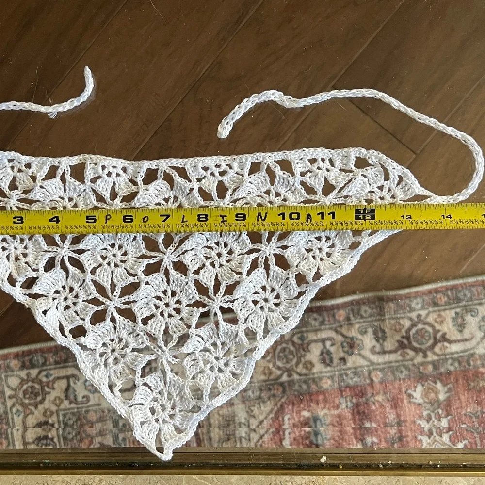 Hand made crochet triangle cotton bandana head scarf white w/silver tiny sequins
