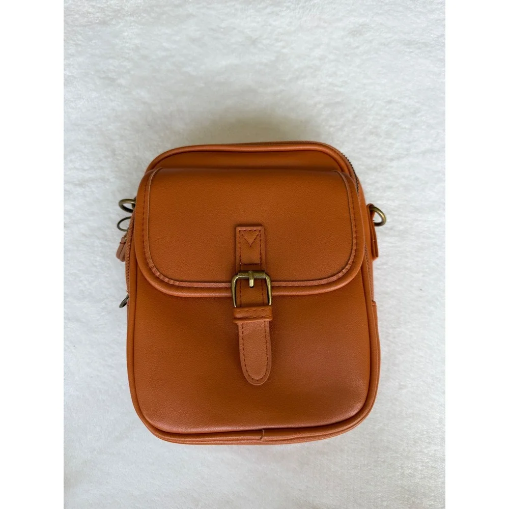 Cognac Faux Leather Crossbody Organizer Bag Buckle Accent Brown Messenger Small