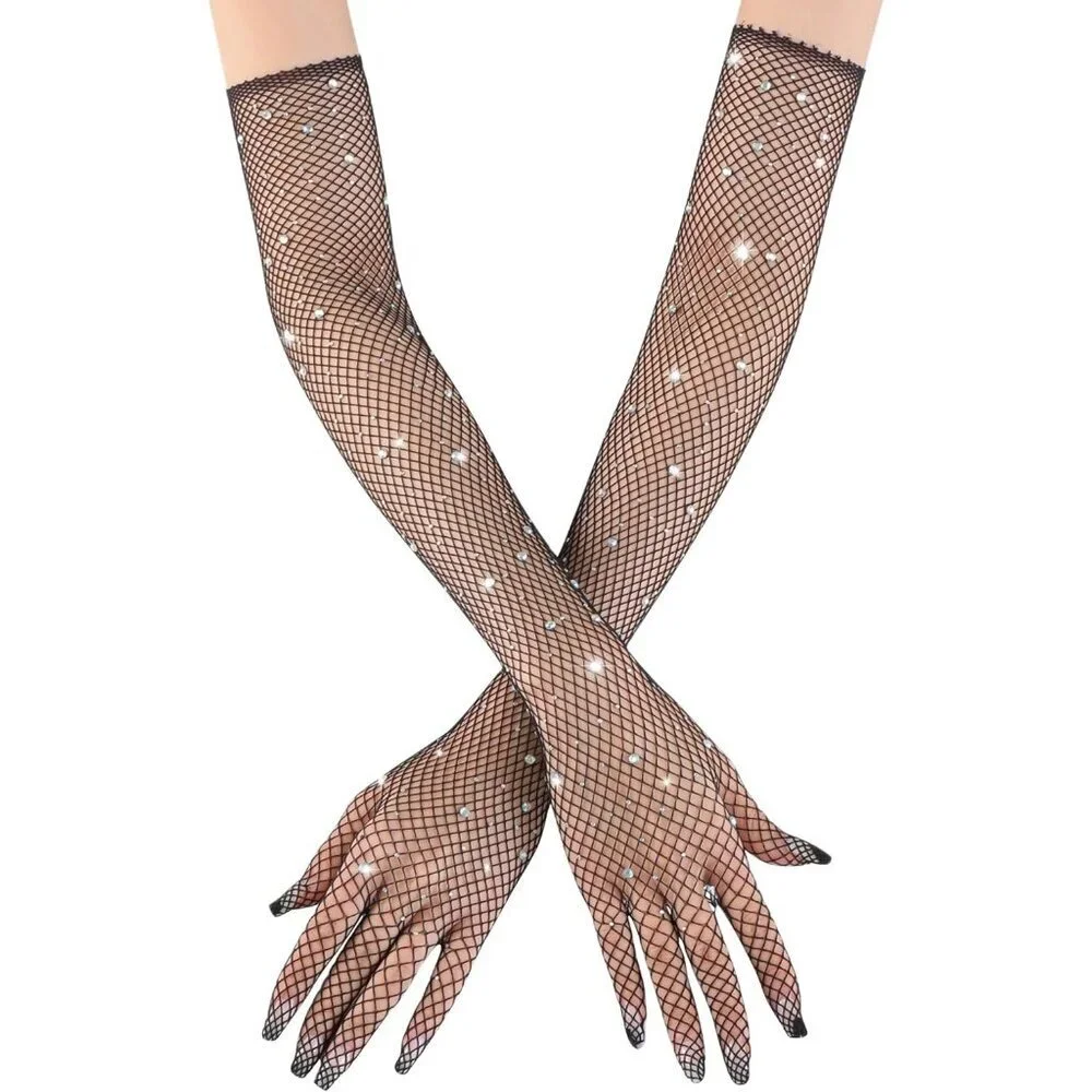 Women's Glitter Black Rhinestone Elbow Length Long Gloves Halloween Party