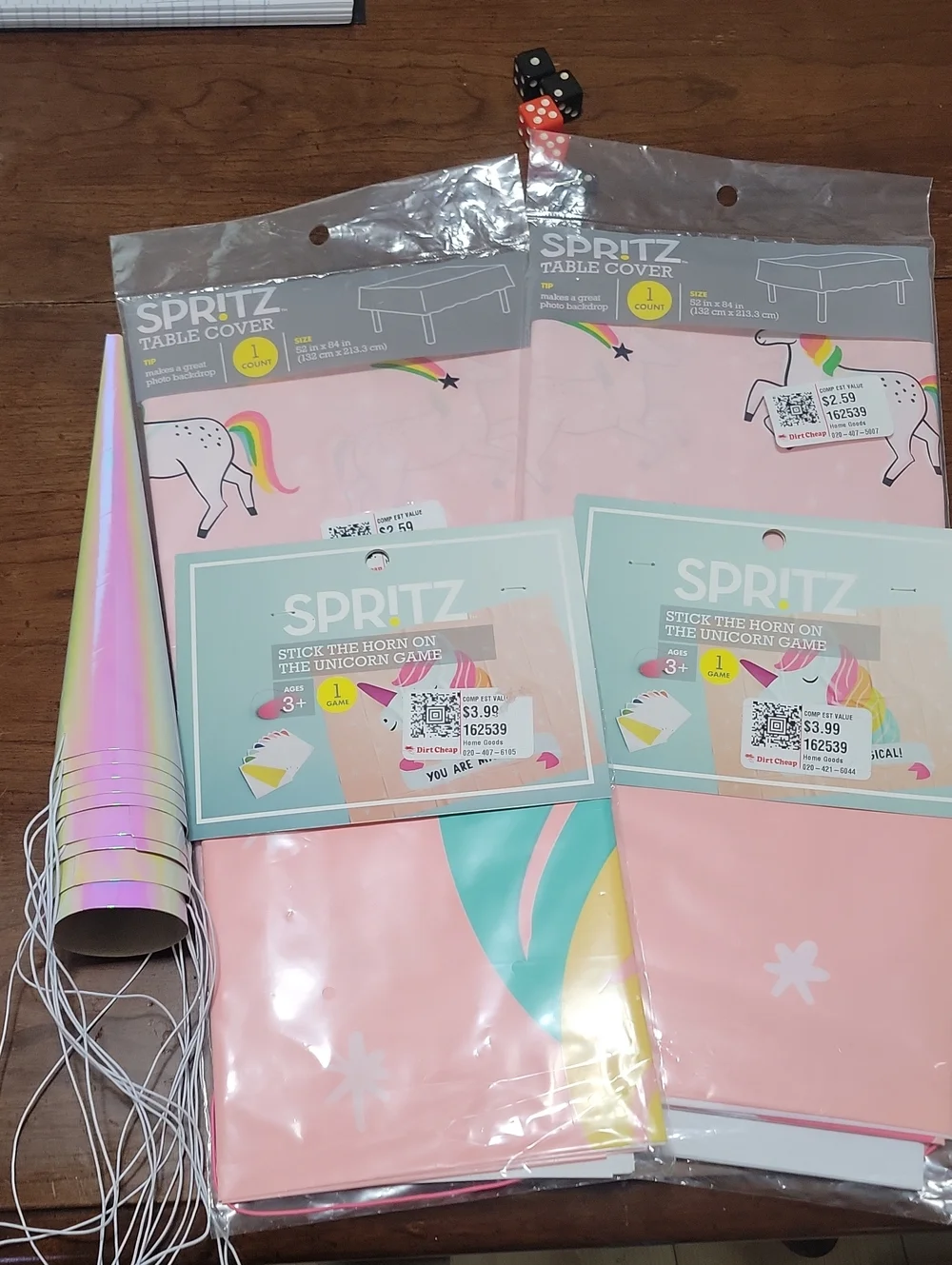 Spritz Pastel Pink Unicorn Table Covers, Horn Game Set, and party hats