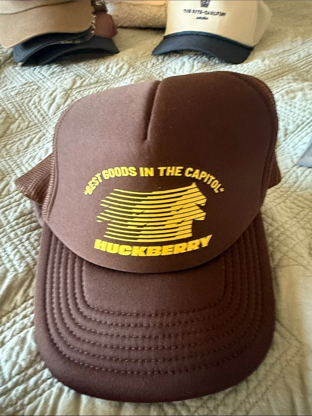 Huckberry Brown Foam Trucker Hat with Yellow Logo