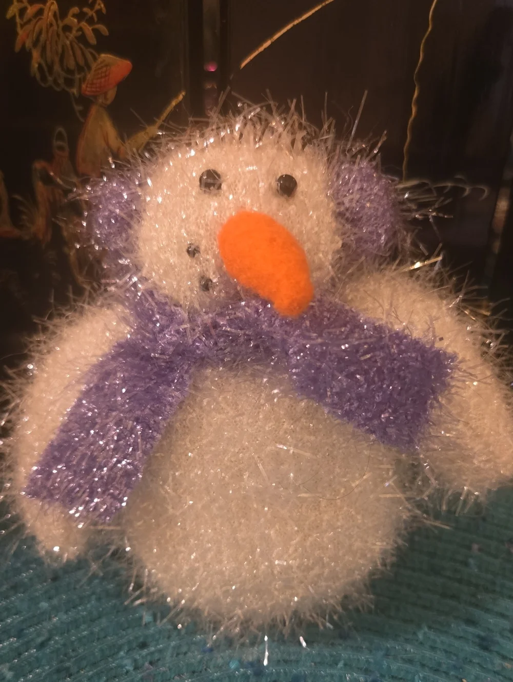 Sparkly White Snowman Plush with Purple Scarf