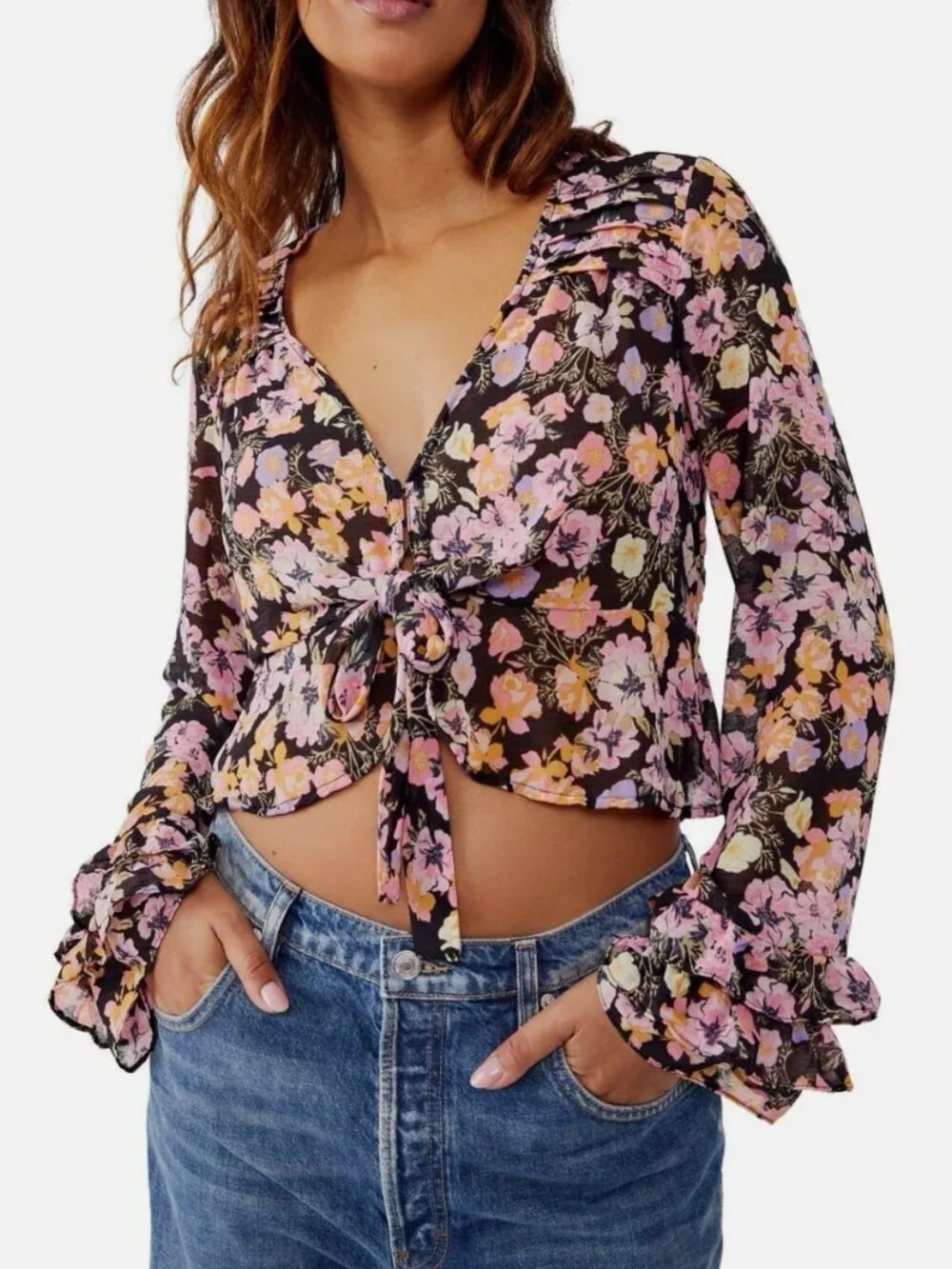 Free People Maybel blouse sheer floral pattern tie-front Sz XS