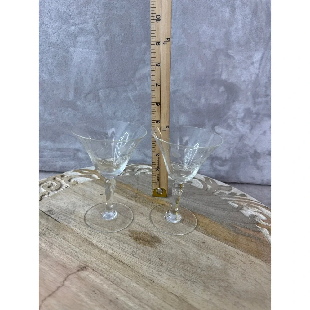 Vintage Etched Floral Crystal Cordial Glasses Set of 2 Clear Stemware 4.5in