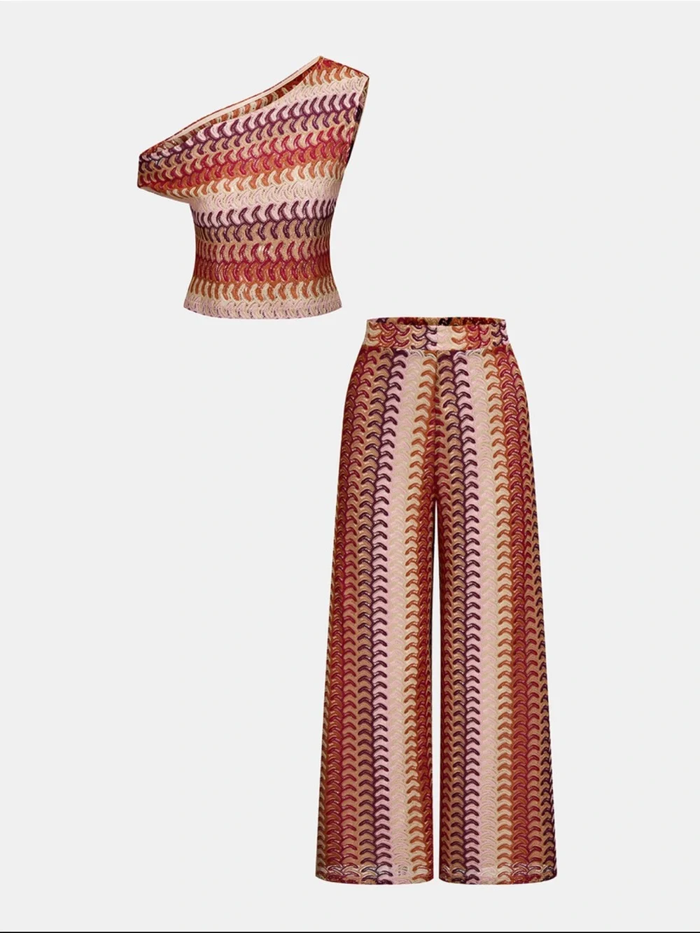 Commend rOne-Shoulder Knit Top and Wide-Leg Pants Set in pumpkin set XS
