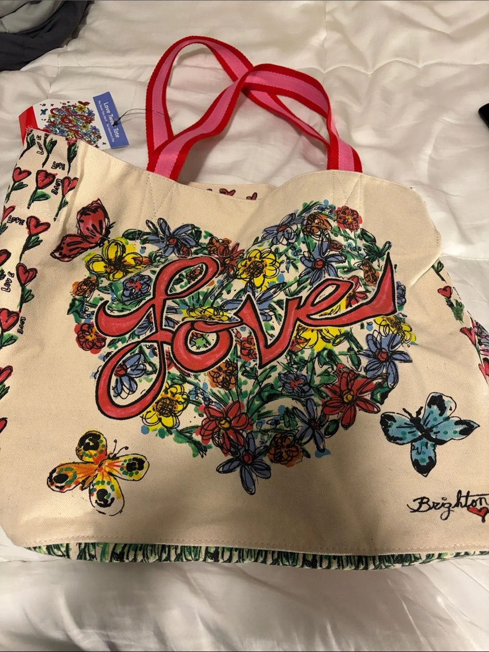 Brighton Cream Floral 'Love' Tweet Canvas Tote with Pink Handles NWT