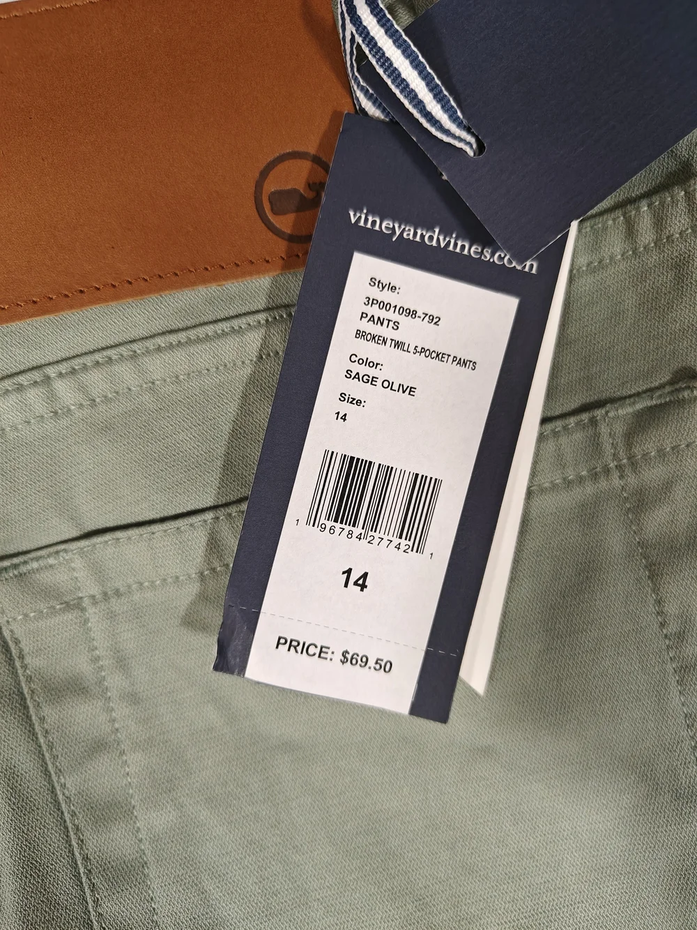 NWT Vineyard Vines Girls Size 14 Sage Green Leather Patch Casual Pants