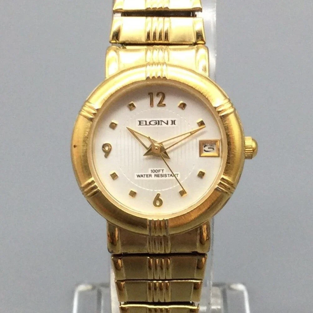 Elgin C1860 Womens Watch 25mm White Dial Gold Tone Expansion Date New Battery