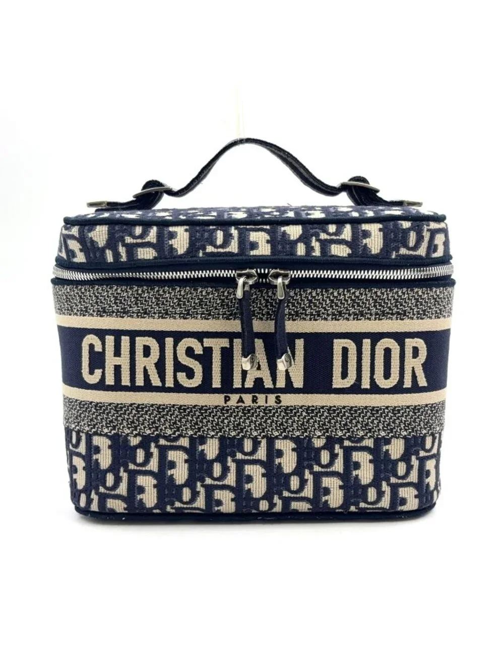 Dior Travel Vanity Cotton Off White Navy Handbag Silver