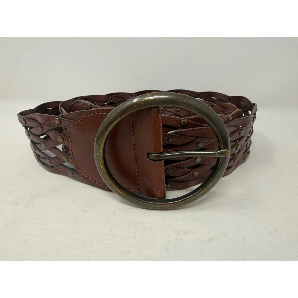 Brown Braided Bonded Leather Studded Wide Waist Belt L/XL 47 Inch