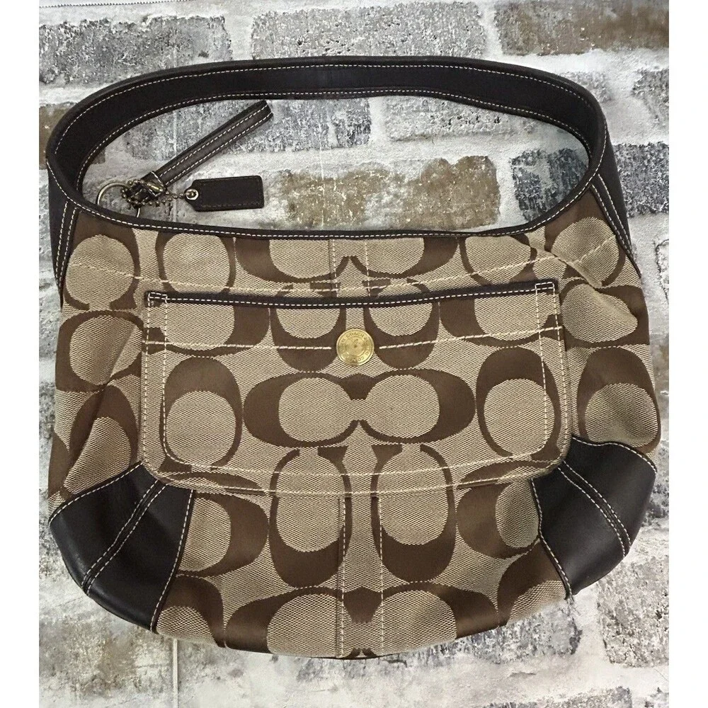Vintage Coach Signature Ergo Hobo Shoulder Bag Brown Jacquard Canvas & Leather