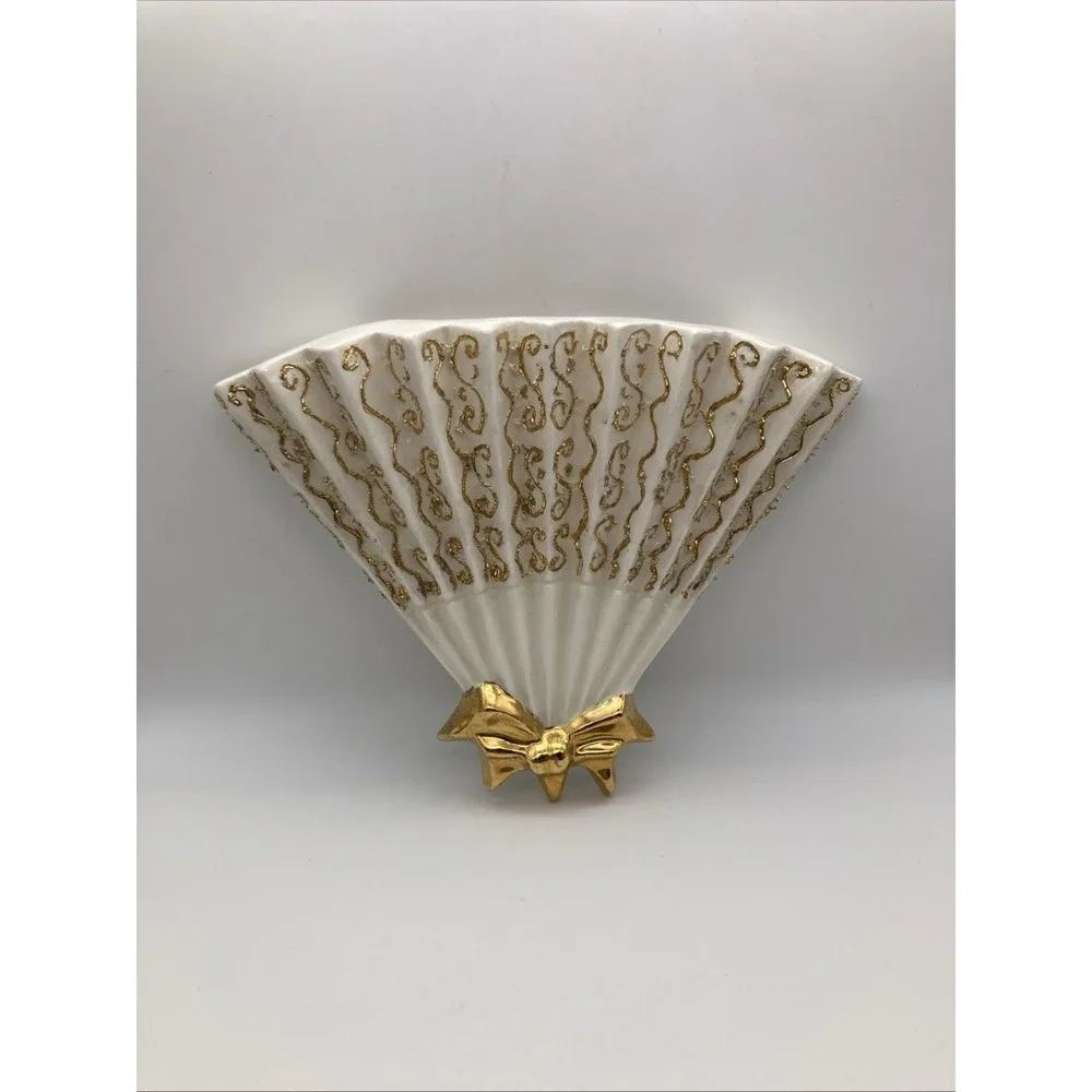 Vintage White And Gold Porcelain Open Gan Wall Pocket With Gold Bow