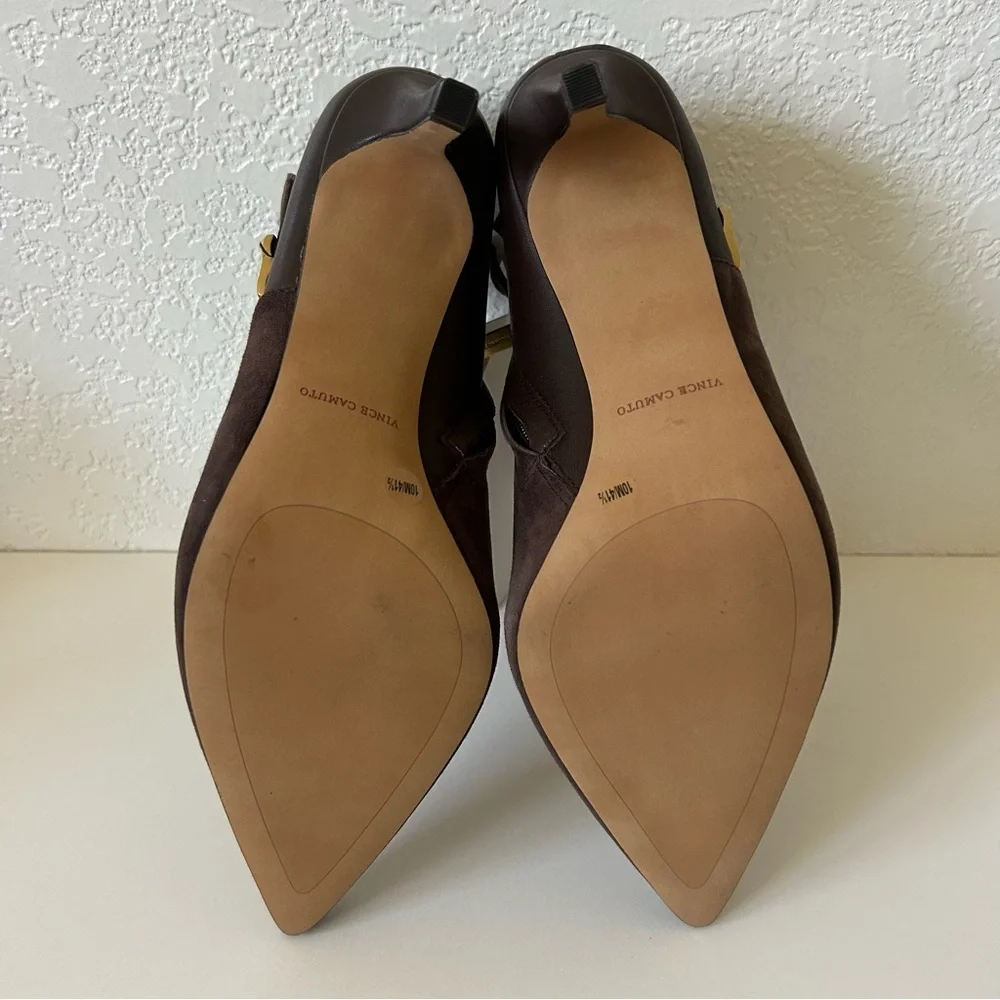 Vince Camuto Kreitha Leather Suede Stiletto Heels Booties in Root Beer Brown