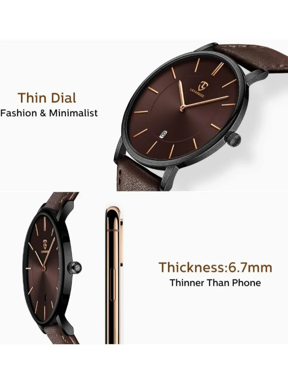 Men's Coffee Brown Leather Strap Analog Minimalist Fashion Simple Wrist Watch