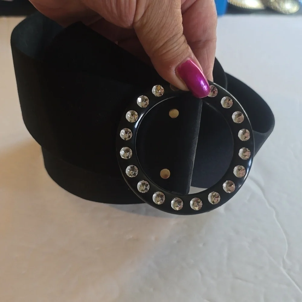 Vintage Womens Black Satin WIDE Rhinestone Bling Belt Sz.Small/MEDIUM