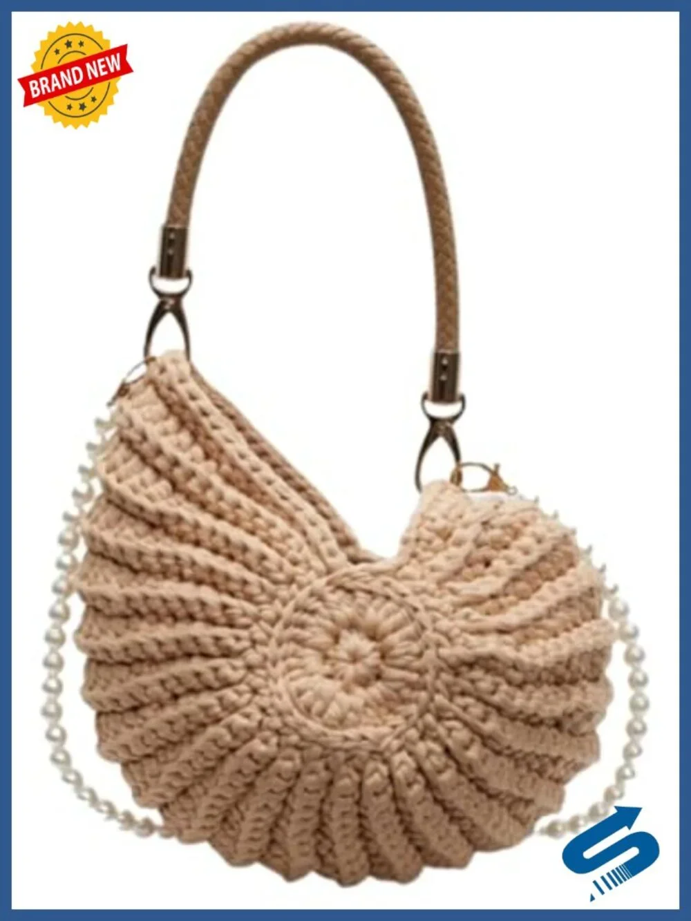 Hand-Crocheted Snail Shell Woven Tote Bag with Pearl Chain Shoulder Handbag