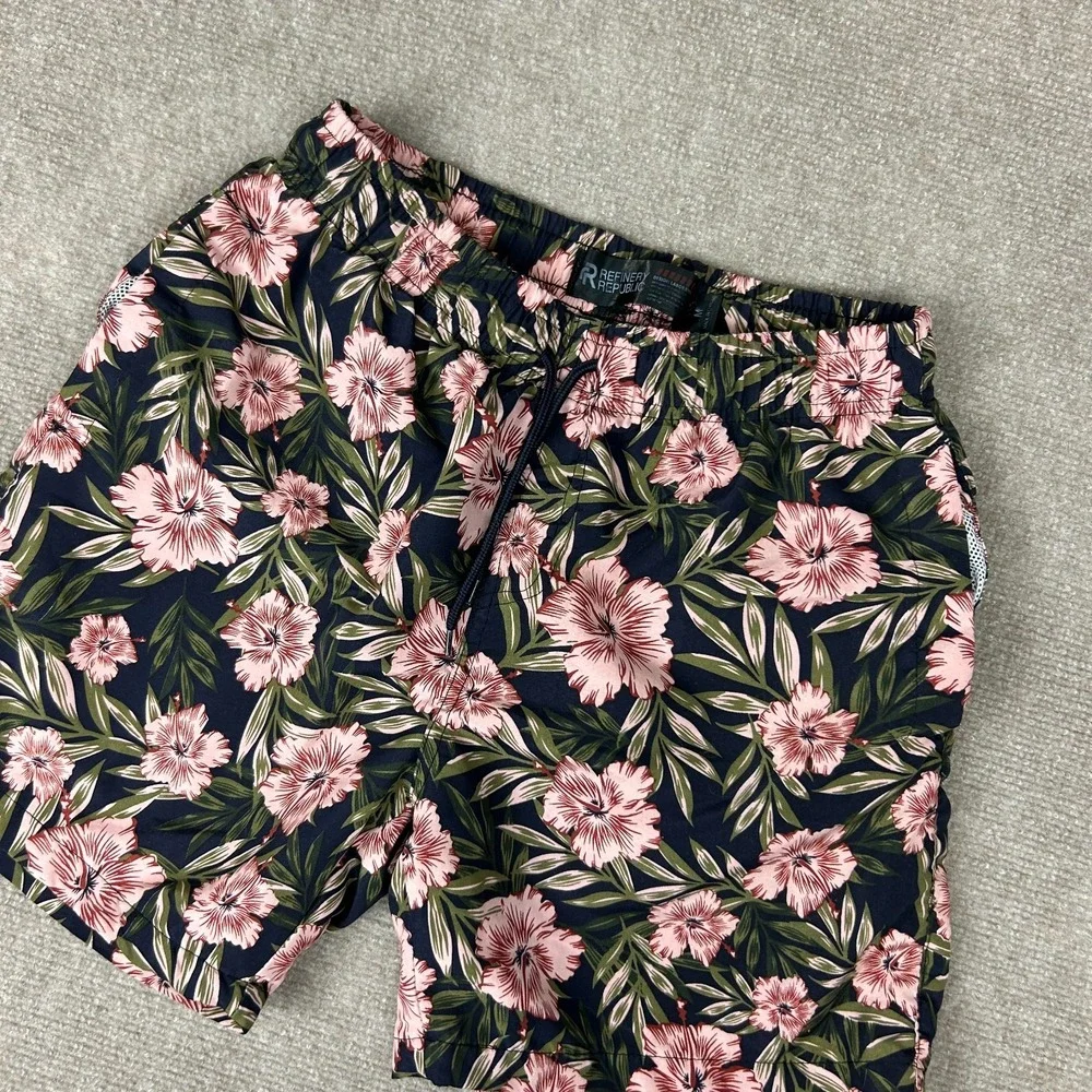 Refinery Republic Swim Shorts Men Medium Blue Floral Mesh Lined Drawstring Beach