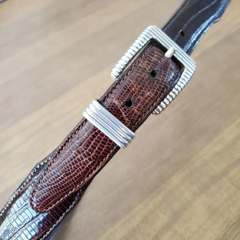 Vintage BRIGHTON Womens Brown Leather Reptile Embossed Belt 34