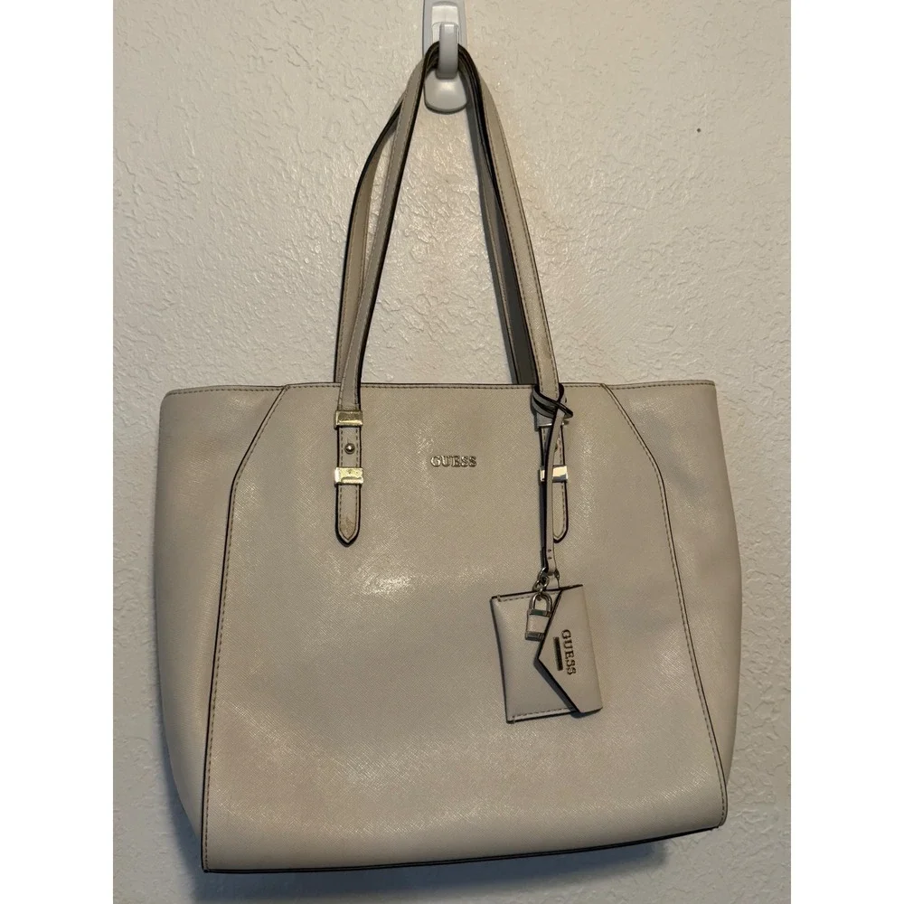 Guess Cream Saffiano PVC Tote Bag Silver Hardware Off White Shoulder Bag