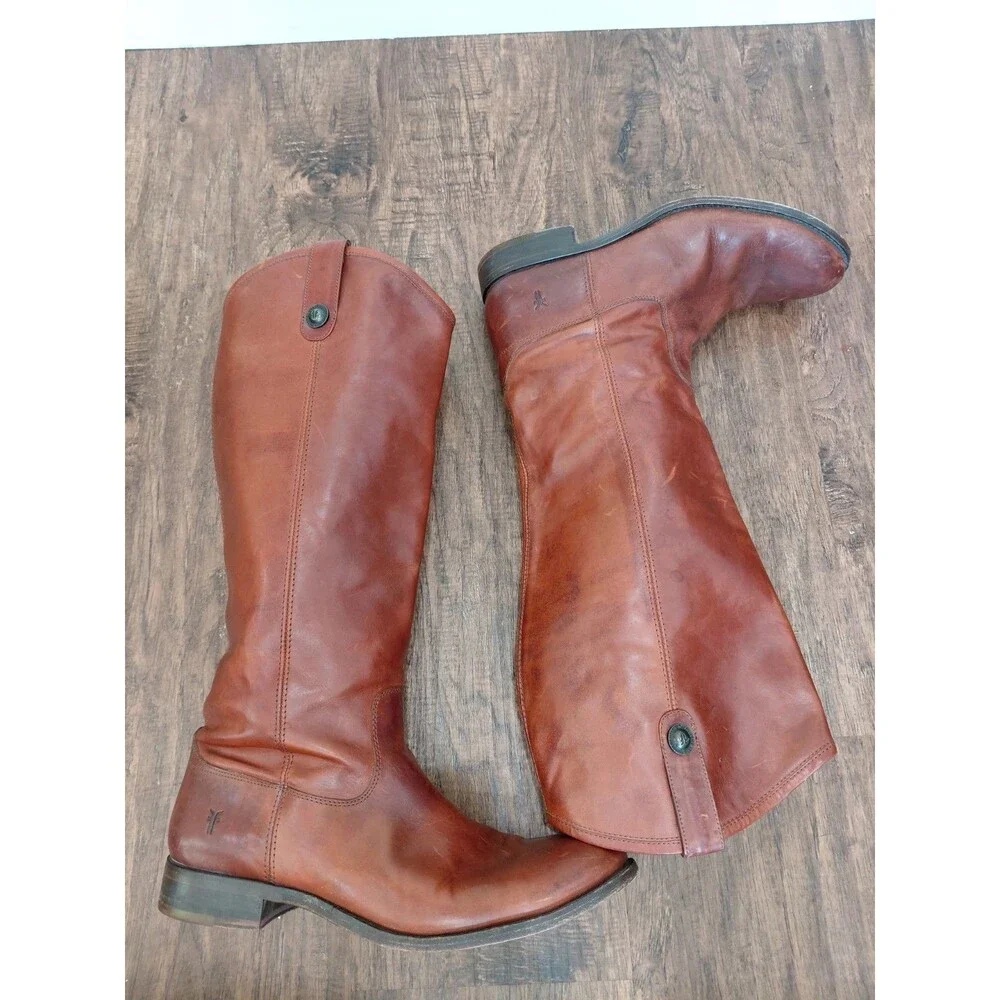 Frye Boots Melissa Button Tall Leather Riding Cognac Brown Womens 11B