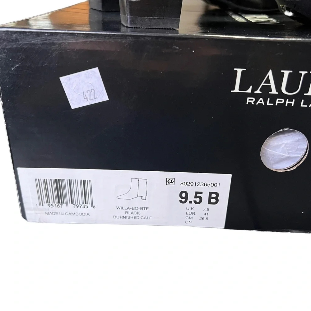 Lauren Ralph Lauren Willa Square Toe Booties Black Burnished Calf Leather 9.5
