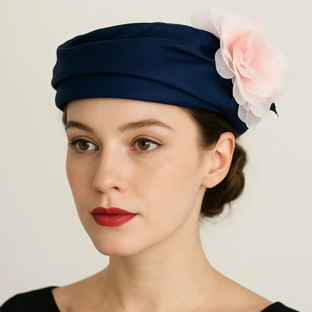 Vintage 1950s Navy Blue Hat Pink Flower Trim Size 22 1/2 Pillbox Fascinator