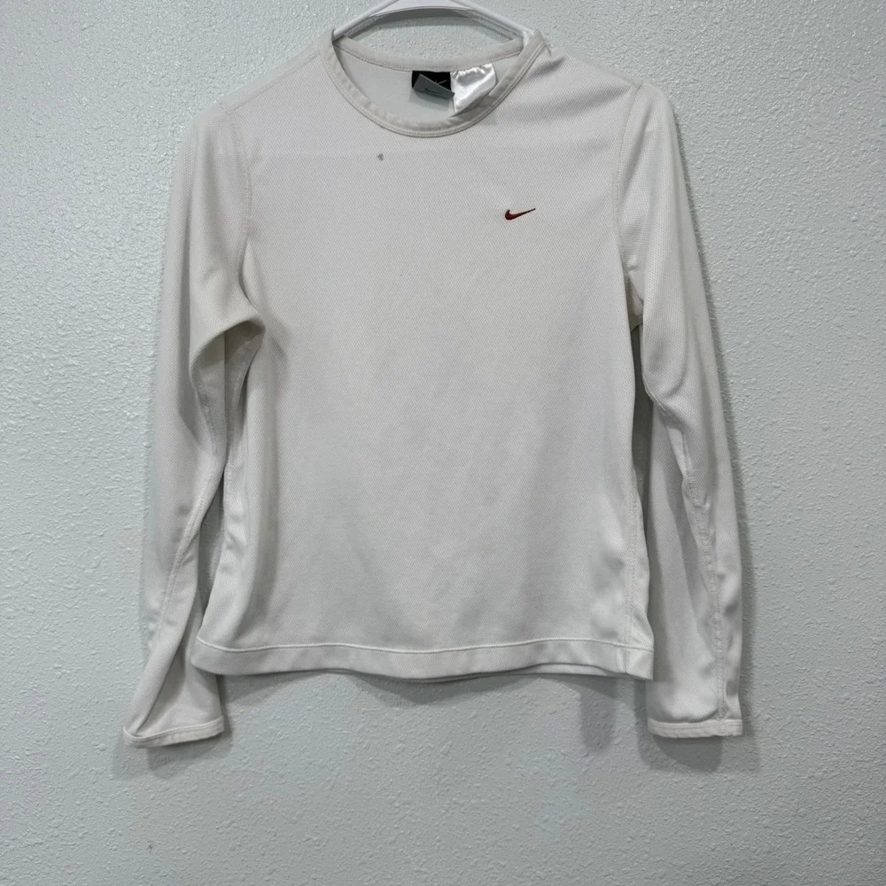 Nike Dri-FIT Long Sleeve Shirt White Mesh Performance Top Small Red Swoosh Logo