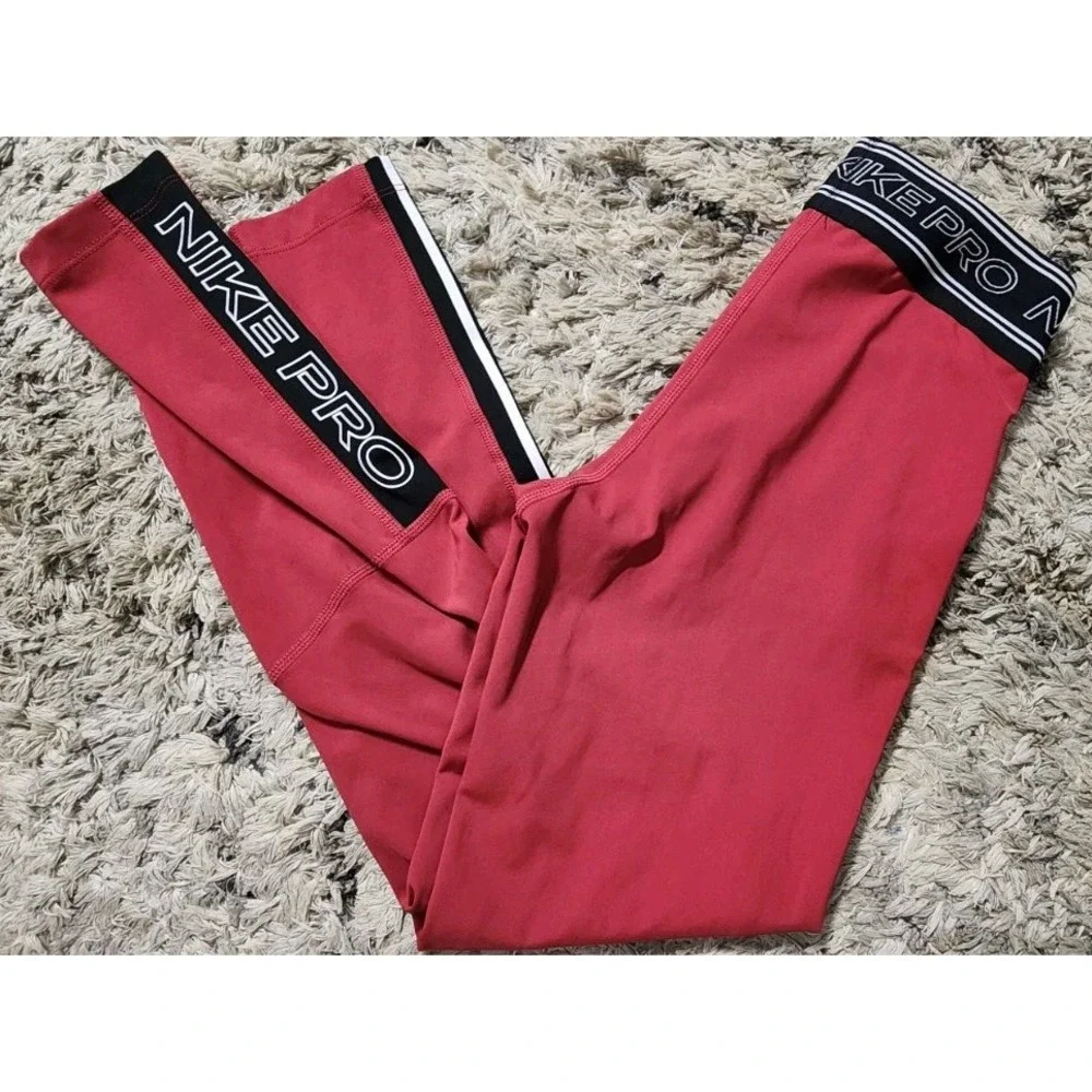 Nike Pro Dri-Fit Leggings‎ Women's XS Dark Red Black Band Logo Crossfit Active