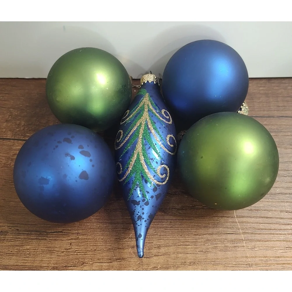 Glitter Peacock Feather Matte Green Blue Glass Christmas Ornament Lot Of 5 Vtg
