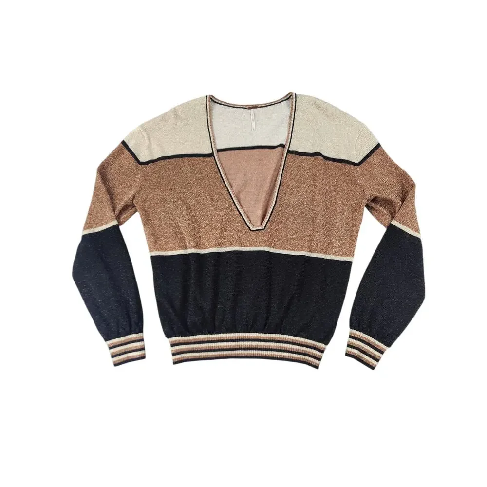 Free People gold dust plunging v-neck color block pullover sweater sz large crop
