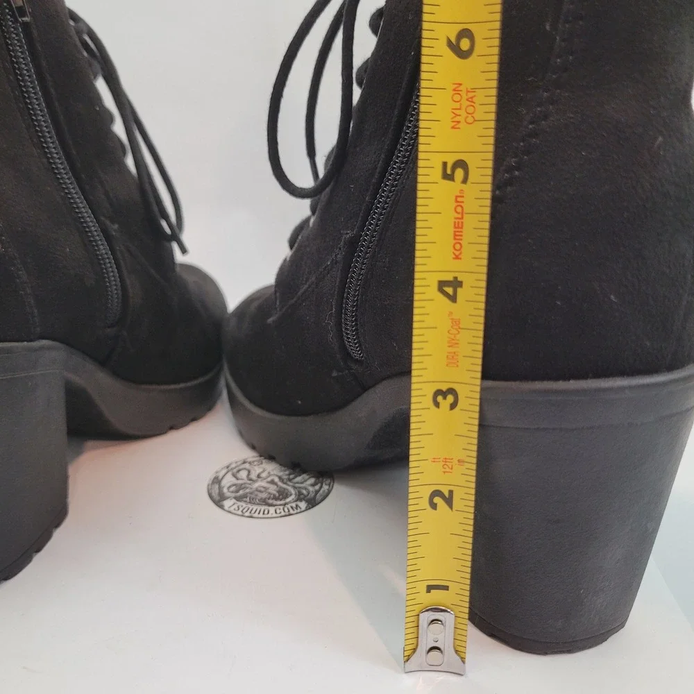 Platform Ankle Boots Womens Black Suede Lace Up Lug Sole Block Heel