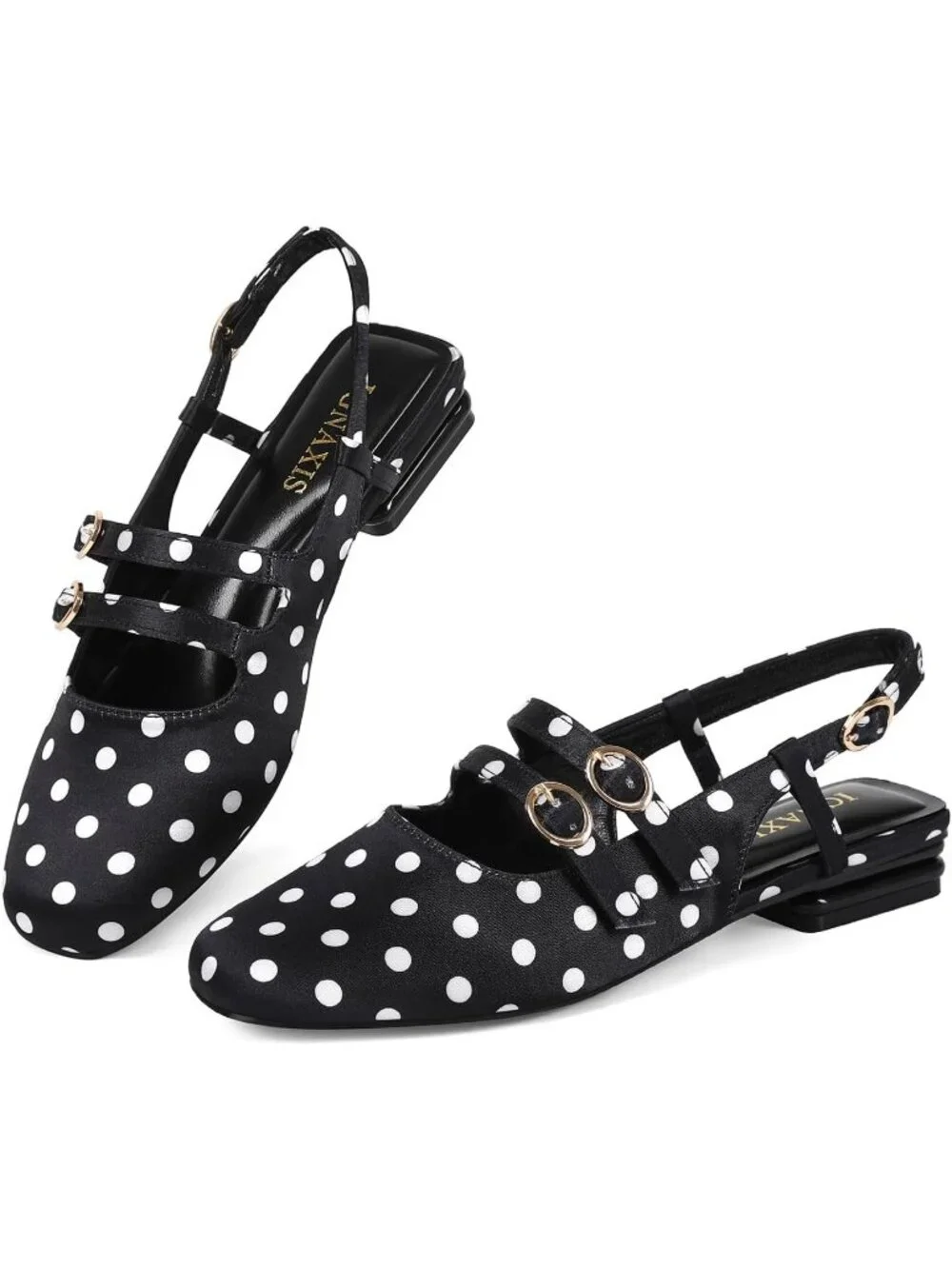 Women's Black Dot Closed Square Toe Strap Slingback Low Heels for Party Pumps