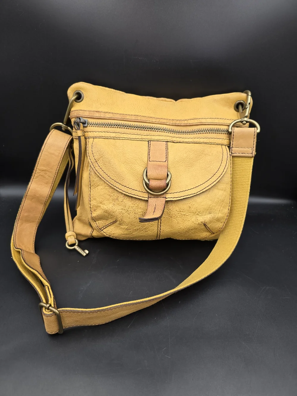 Fossil Mustard Yellow Leather Crossbody Bag with Front Flap