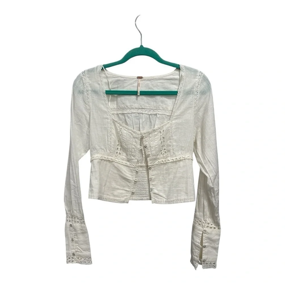 FREE PEOPLE JOI eylet crop blouse top ivory Lace-Trimmed Women's Top size XS