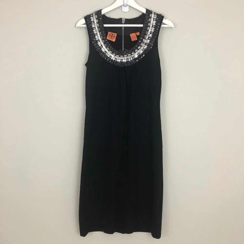Tory Burch Jet Black Dress Embellished Neck 100% Merino Wool