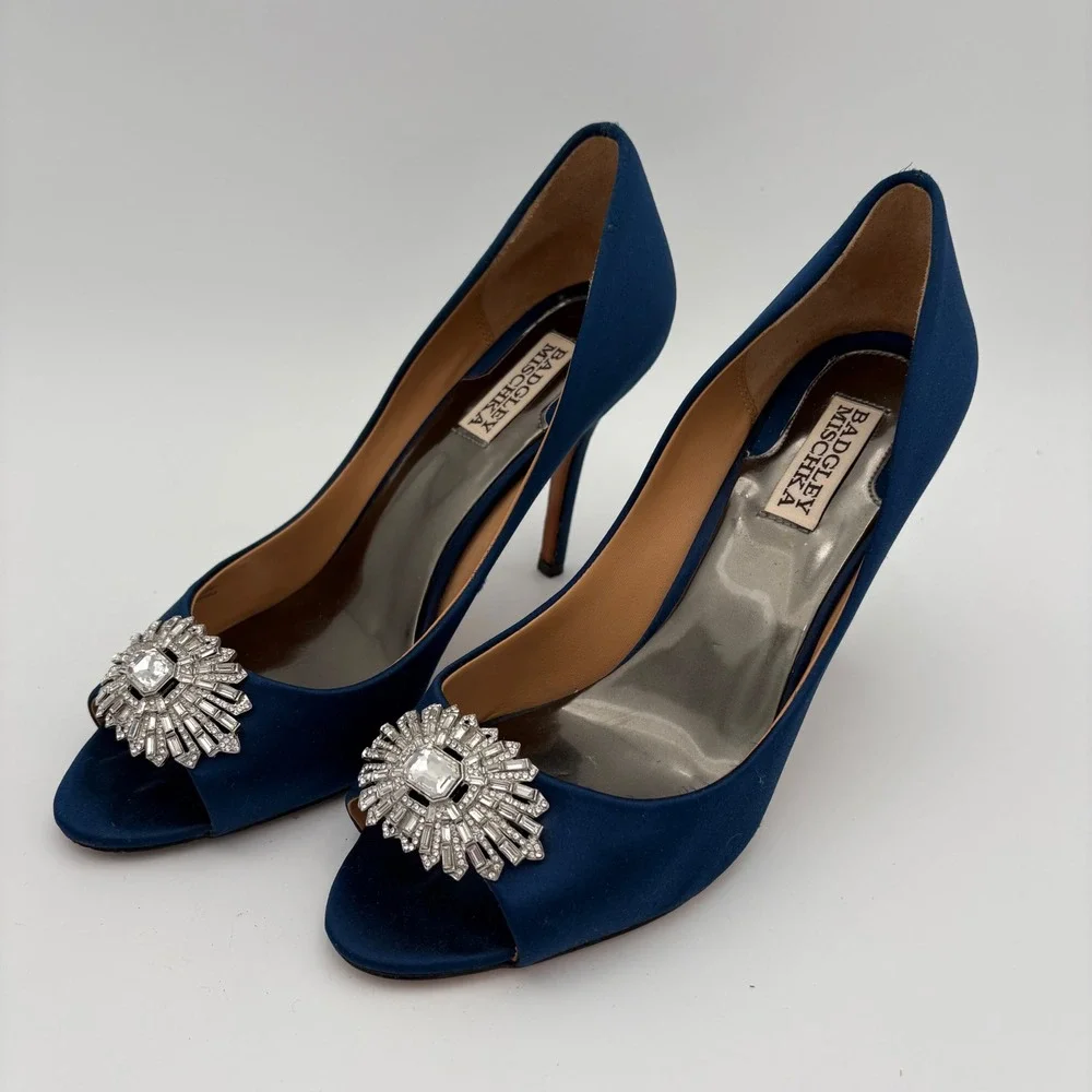 Badgley‎ Mischka Navy Blue Satin Peep Toe Heels Embellished Crystal Sparkle 9.5W