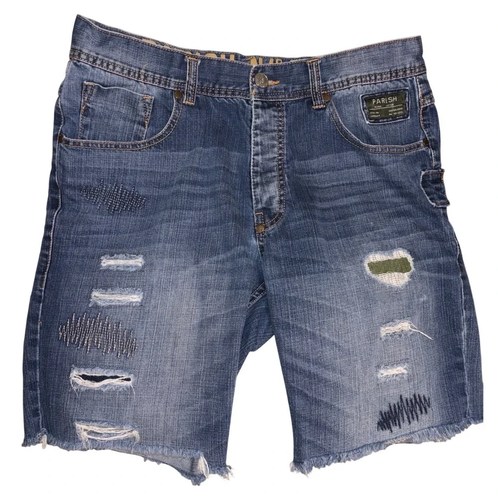 Parish Nation Mens Distressed Denim Shorts Blue Size 36 Raw Hem Embroidered‎