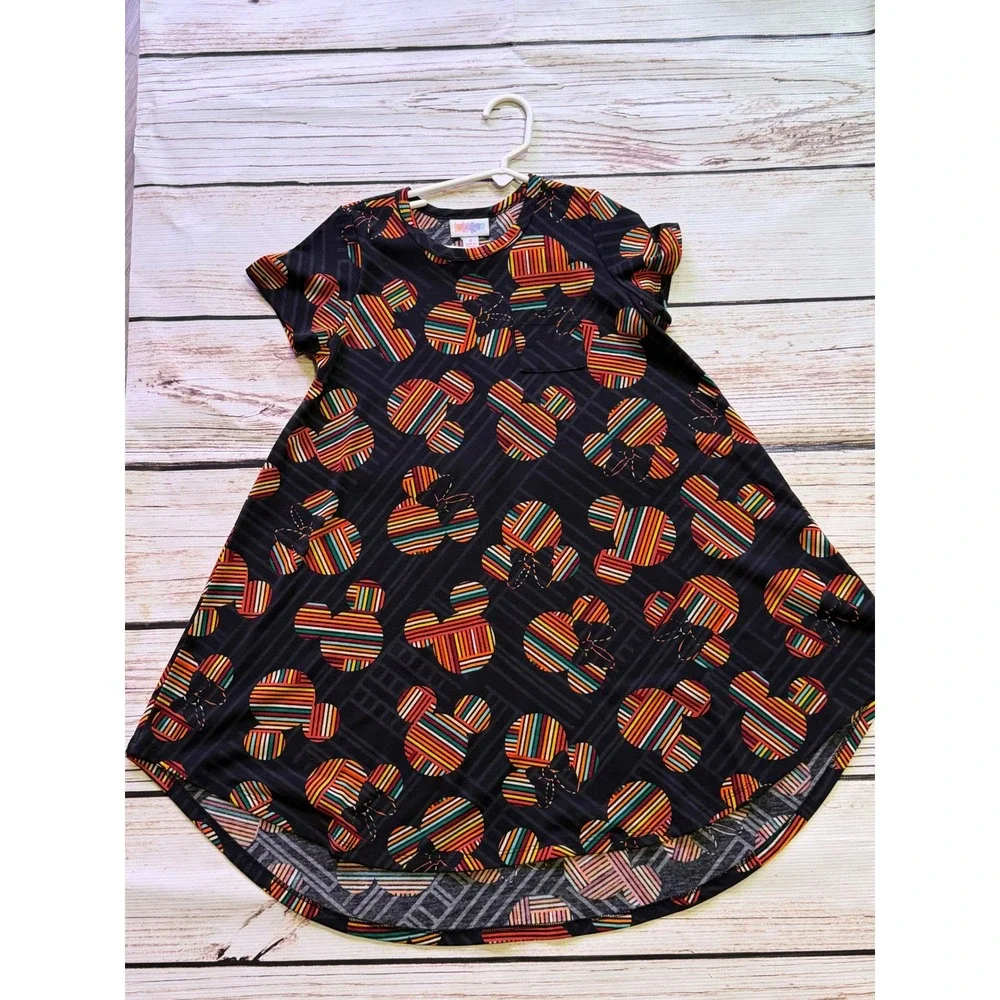 LuLaRoe Disney Mickey Minnie Mouse Stripe Dress Kids Size 8 Black Multi Color‎