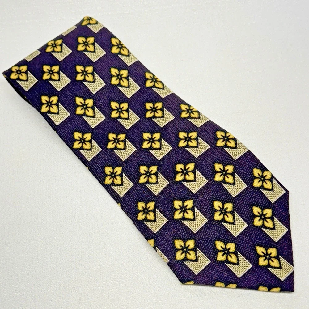 Z Inc. Silk Necktie Mens OS Purple‎ Gold Geometric Floral Italian Luxury Classic