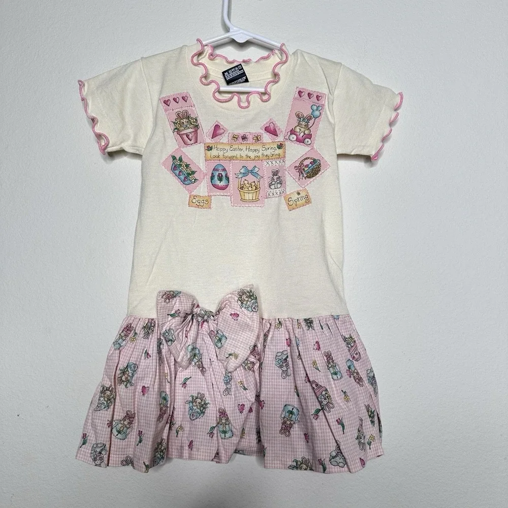 Vintage 90s Girls Easter Outfit Dress Size 2-4 Years Bunny Pink Gingham USA Rare