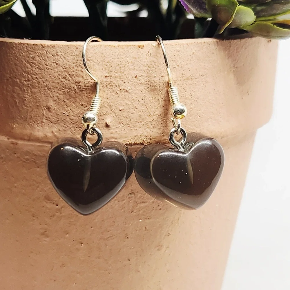 Handmade Black Jelly Translucent Heart Dangle Drop Earrings‎ 1-1/2