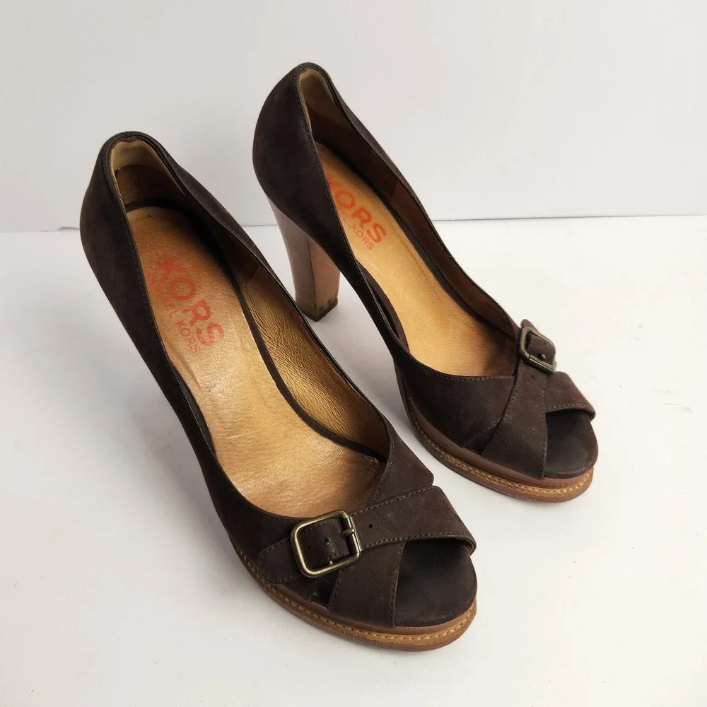 Michael Kors Women's Open Toe Brown Suede High Heel Pumps‎ Size 7.5M