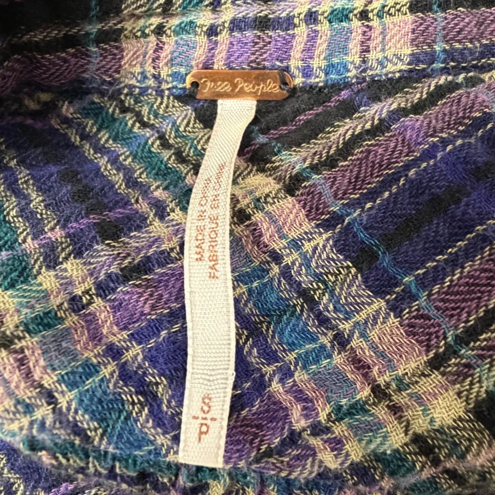 Free People Purple Plaid Grommet Detail Frayed Hem Cotton Shirt Small
