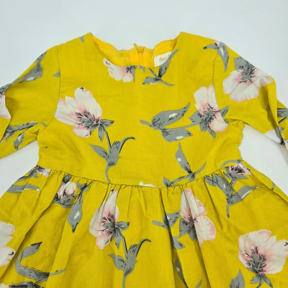 Bear Leader Mustard Yellow Floral Ruffle Sleeve Cotton Jumper Dress‎ Size 120