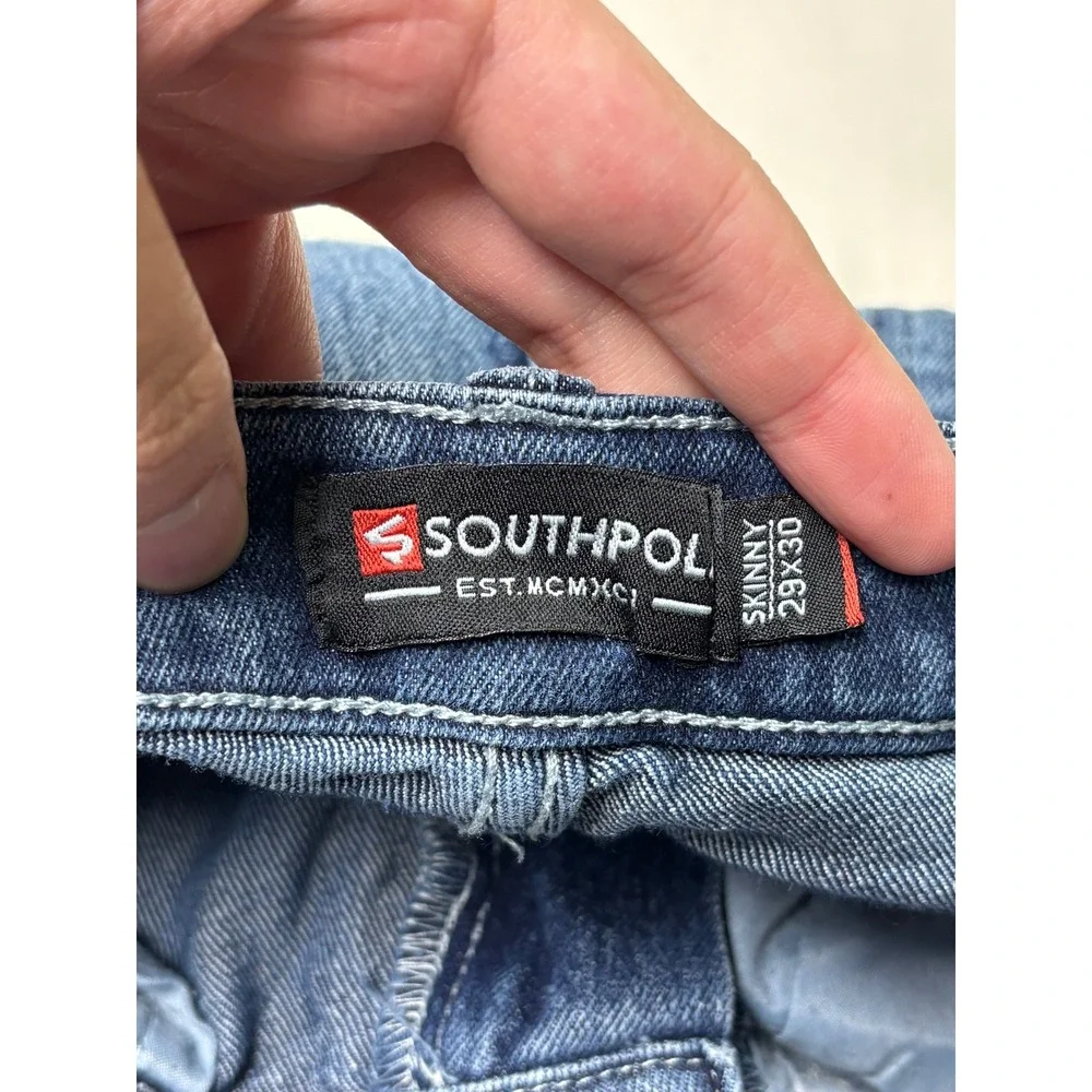 Southpole Mens Skinny Moto Biker Jeans‎ Blue Distressed Ribbed Denim 29x30
