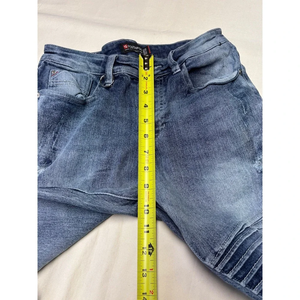 Southpole Mens Skinny Moto Biker Jeans‎ Blue Distressed Ribbed Denim 29x30